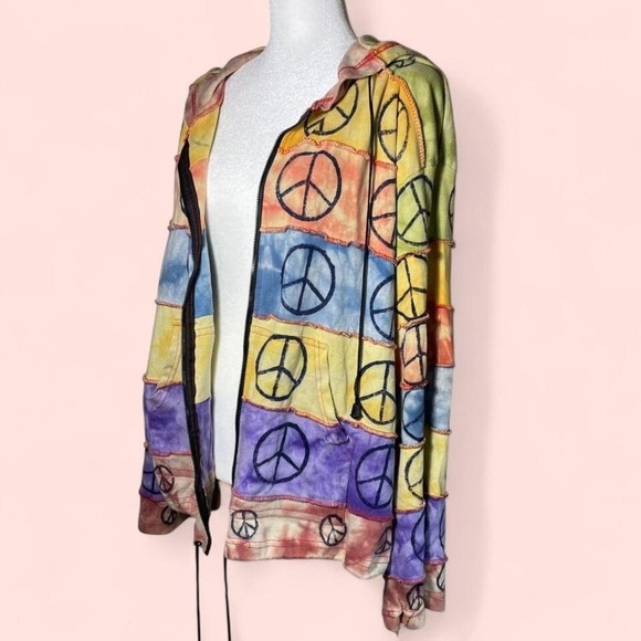 Jackets & Blazers - Vtg Y2K Peace Sign Hippie Bell Sleeve Baggy Lightweight Jacket Tie-dye Boho XL